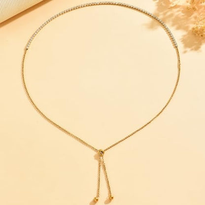 3mm Cubic Zirconia Tennis Necklace for Women, Dainty Adjustable 18K Gold Plated/Silver CZ Tennis Necklace, Hypoallergenic Iced Out Everyday Jewelry Gift for Her Wedding Party - color: Lariat Tennis-Gold