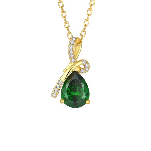 Infinity Birthstone Necklace for Women, Gold Plated Teardrop Cubic Zirconia Pendant, Created Gemstone Twist Necklace for Birthday, Her, Mom, Friend - color: Emerald-green-May