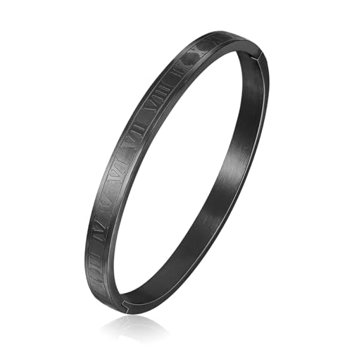 4/6/8mm Numeral Bangle Stainless Steel Engraved Unisex Bracelet Inspirational Gifts for Her - color: Black, size: 6mm