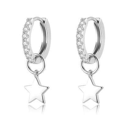 DAILY VIBES Cute Butterfly Star Cross Heart CZ Dangle Earrings for Women | 925 Sterling Silver Post, 14K Gold or Silver Plated, Mini Cubic Zirconia Dainty Drop, Cartilage Small Huggie Hoop Earrings - color: Silver Mini Star