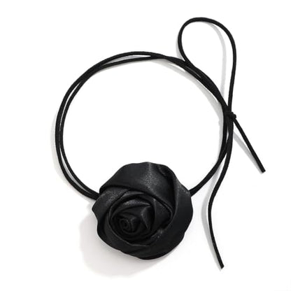 Red Camellia Flower Fabric Choker Necklace for Women Black Rose Floral Rope Statement Necklaces Trendy Costume Outfit Cloth Jewelry Petal Accessories - color: Black