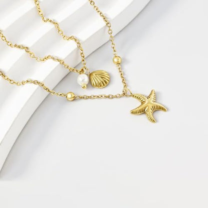 Evabelle Gold Layered Necklace for Women Trendy Jewelry 14K Real Gold Plated Chunky Chain Stackable Necklaces Dainty Choker Necklaces Rectangle Square Pendant - color: Gold Necklace 07