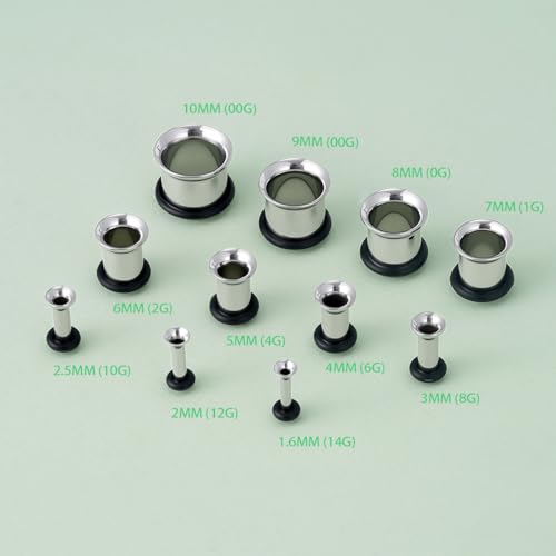 TBOSEN Precise Dimensions Stainless Steel Set Double|Single Flare Tunnel Screw Gauge Ear Expander Stretching Kit Piercing Mixed Size - color: Silver-Single Flare, size: 1.6-10mm(14G-00G)