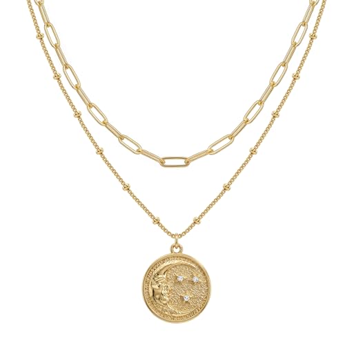 MEVECCO Dainty Pendant Layered Necklaces for Women | 18K Gold Plated Brass, 2-Piece Set With A Choker-Length Upper Layer, Wear Together Or Separately, Refined Everyday Style - style: Layer Cresent Moon