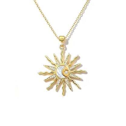 Gold Sun Moon Necklace for Women Crystal Sunburst Star Pendant Necklace Non Tarnish Trendy Elegant Jewelry Accessories