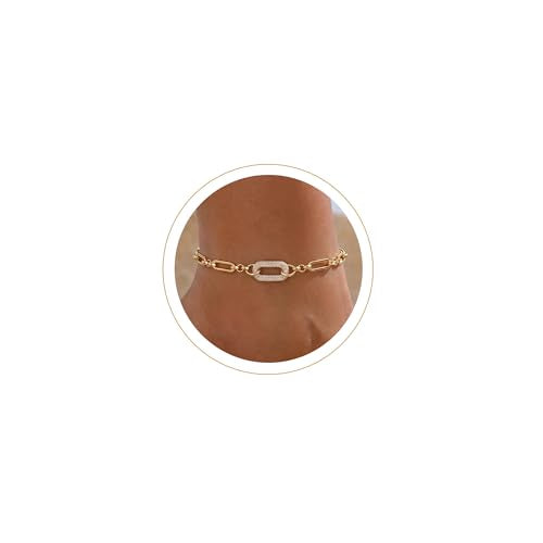 Moodear Gold Ankle Bracelets for Women Waterproof,14K Gold Plated Anklets | Waterproof, Non Tarnish Cuban Link Anklets, Trendy Jewelry Accessories for Summer Vacation, Beach Gifts for Women - style: Paperclip CZ Paperclip