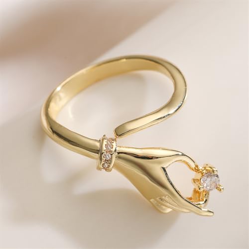 Trendy CZ Hand Open Rings for Women Unique Design Cubic Zirconia Crystal Dainty Adjustable Finger Comfort Fit Eternity Ring Promise Love Friendship Wedding Band Charm Jewelry for Her Girlfriend - color: Gold