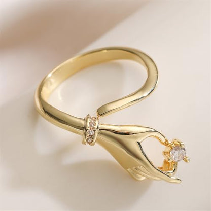 Trendy CZ Hand Open Rings for Women Unique Design Cubic Zirconia Crystal Dainty Adjustable Finger Comfort Fit Eternity Ring Promise Love Friendship Wedding Band Charm Jewelry for Her Girlfriend - color: Gold