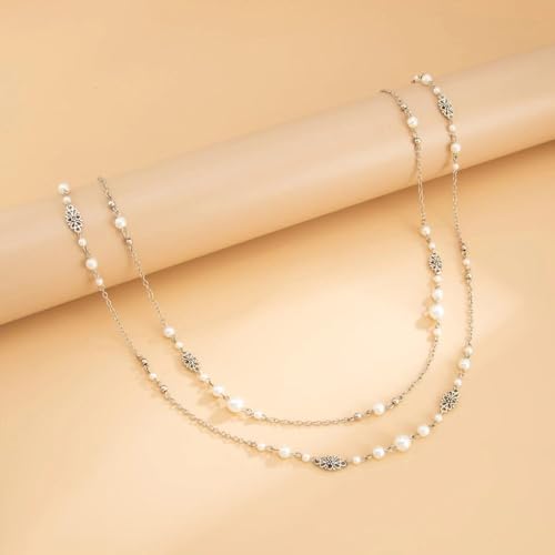 Long Layered Faux Pearl Beaded Chain Necklace for Women,Boho Y Body Chain Gold Drop Lariat Necklace Dainty Statement Fashion Jewelry Gifts - color: Silver2