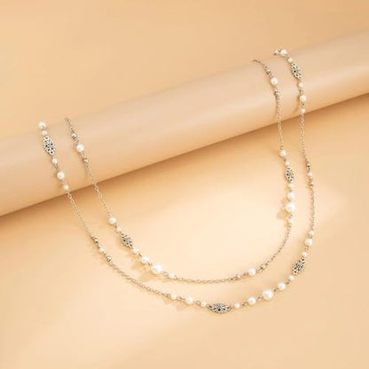 Long Layered Faux Pearl Beaded Chain Necklace for Women,Boho Y Body Chain Gold Drop Lariat Necklace Dainty Statement Fashion Jewelry Gifts - color: Silver2