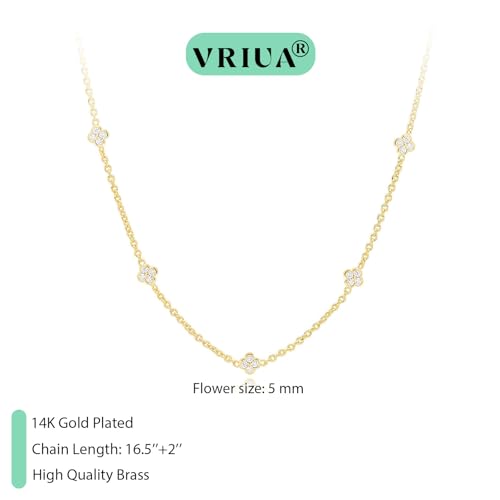 VRIUA Necklaces for Women - 14K Gold/Silver Plated Dainty Chain Necklace with Five Charms: Diamond, Bow, Snowflake, Cross, Flower, Clover, Butterfly, Heart, Star of David, and Star Trendy Jewelry - color: Gold, style: Flower