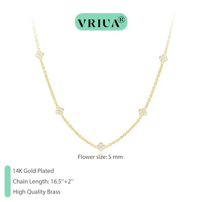 VRIUA Necklaces for Women - 14K Gold/Silver Plated Dainty Chain Necklace with Five Charms: Diamond, Bow, Snowflake, Cross, Flower, Clover, Butterfly, Heart, Star of David, and Star Trendy Jewelry - color: Gold, style: Flower