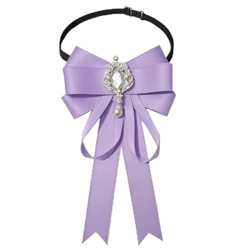 Fashion Ribbon Bow Tie Brooch Pins for Women Girls Crystal Pearl Uniform Pre-Tied Bowknot Corsage Party Ceremony Accessories - color: 117-Purple