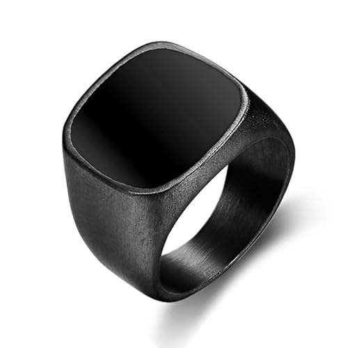 Men's Stainless Steel Square Biker Signet Ring, Black Silver Gold Styles | plain flat top, polished and brushed finish options, chunky profile, pinky or thumb styling, gift-ready for dad or him - color: Black w/ Enamel Top