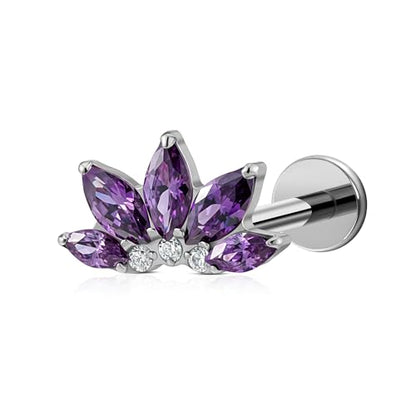 FINE4U 1PC ASTM F136 Titanium 16G Flatback Stud for Tragus, Helix, Conch 6mm 8mm - Screw on Cartilage Earring Piercing Jewelry - color: Flower CZ - Amethyst - Tit