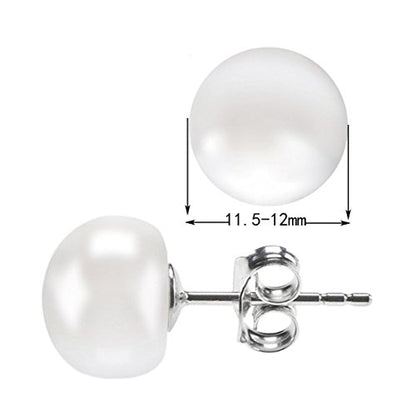 ALYC Pearl Earrings Freshwater Pearl White Button Stud Earrings with 925 Sterling Silver for Women - size: 11.5-12.0mm