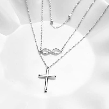MONGAS Boho Layered Necklace Sterling Silver Triple 3 Stacked Vertical Bar Triangle Long Layering Necklaces Christmas Jewelry Gifts for Women - style: Infinity Cross