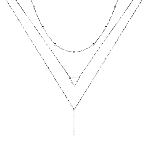 Turandoss Gold Layered Necklaces for Women - 14K Gold Plated Handmade Multilayer Bar Pearls Coin Disc Moon Butterfly Medallion Adjustable Dainty Layered Choker Necklaces for Women Jewelry - style: 3PCS Silver - Chain&Triangle&Bar