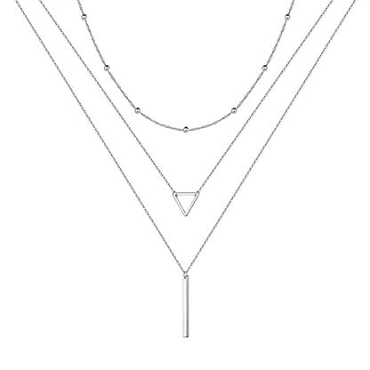 Turandoss Gold Layered Necklaces for Women - 14K Gold Plated Handmade Multilayer Bar Pearls Coin Disc Moon Butterfly Medallion Adjustable Dainty Layered Choker Necklaces for Women Jewelry - style: 3PCS Silver - Chain&Triangle&Bar