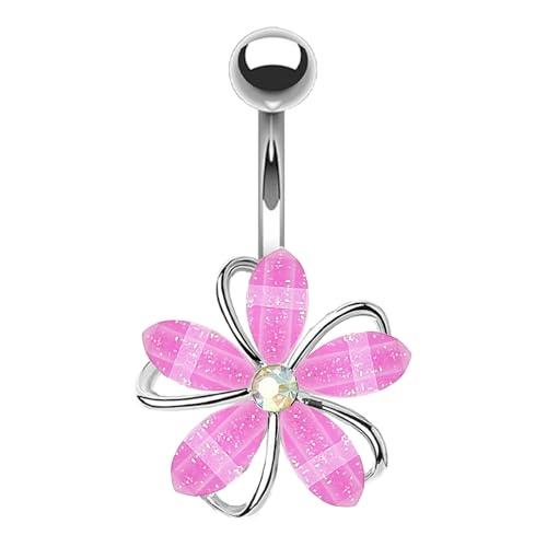 VERAMI 14G 316L Flower Belly Button Ring Surgical Steel Cute Flower Belly Button Ring Body Piercing Jewelry - color: Pink flower