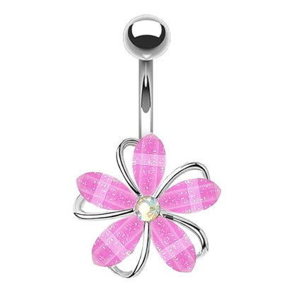 VERAMI 14G 316L Flower Belly Button Ring Surgical Steel Cute Flower Belly Button Ring Body Piercing Jewelry - color: Pink flower