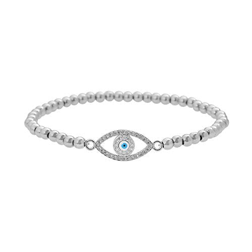 Women Evil Eye Ball chain Elastic bracelet with CZ Cubic Zirconia - color: Eye Silver