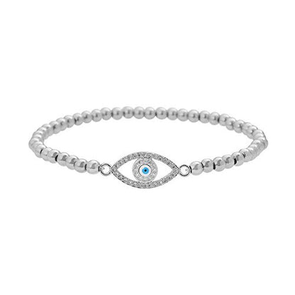 Women Evil Eye Ball chain Elastic bracelet with CZ Cubic Zirconia - color: Eye Silver