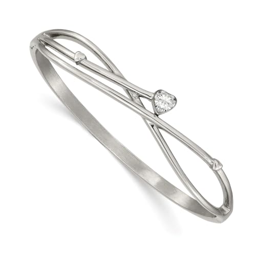 Chisel Heart CZ Hinged Bangle Bracelet in Stainless Steel