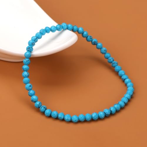 Natural Faceted Crystal Bracelet for Women,4mm Gemstone Round Beads Bracelets Adjustable Stretchy Healing Crystal Beads Bracelets Dainty Jewelry Gift - color: Turquoise