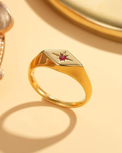 YeGieonr Gold Rings for Women Non Tarnish, 18K Gold Plated Stainless Steel North Star Signet Ring, Waterproof Dainty Pinky Statement Ring, Tarnish Free Gold Jewelry for Women - color: Rhombus Red