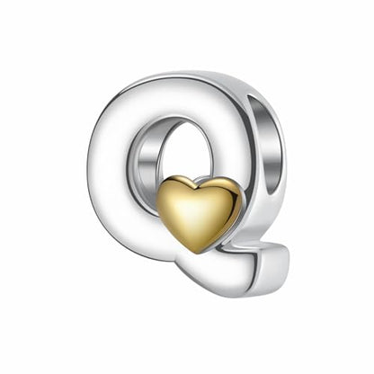 A~Z Alphabet Charm Letter Beads 925 Sterling Silver with Heart-shaped 5A Cubic Zircon Stones fits Pandora European Bracelets Necklace Jewelry Gift for Women - style: Q Letter Charms