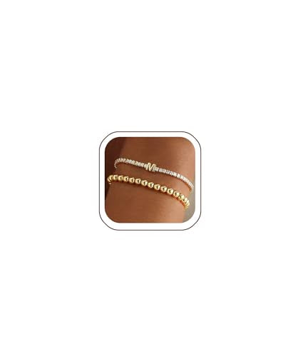 14K Gold Plated Bracelets for Women Dainty Tennis Initial Bracelet Trendy Beaded Stackable Charm Bracelets Layered Waterproof Bracelet Dainty Bracelet for Women Jewelry Gifts - style: M