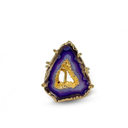 Ring Geode Druzy Slice Unique And Stylish Statement Gold Plated Jewelry Natural Gemstone Stone size 25-35 mm Approximately Adjustable Shank US Scale Size 6-9 - color: Purple