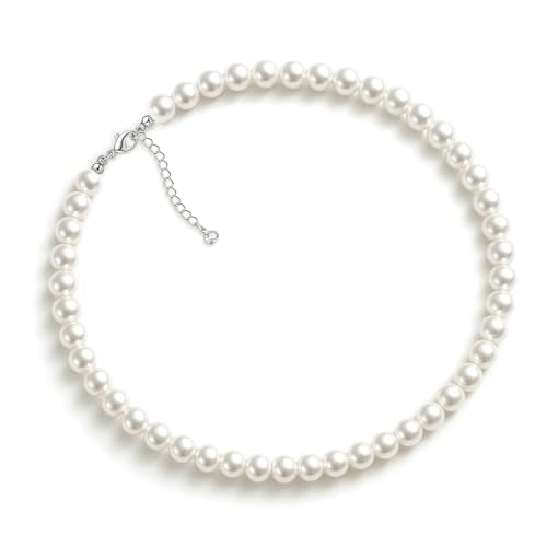 Zeffy Pearl Necklace 4MM/6MM/8MM Dainty Round Imitation Pearl Choker Necklace Wedding Pearl Necklace Delicate Jewelry for Women Simple Bridesmaid Jewelry Gifts - style: 8mm Silver Pearl Necklace(14"+2")