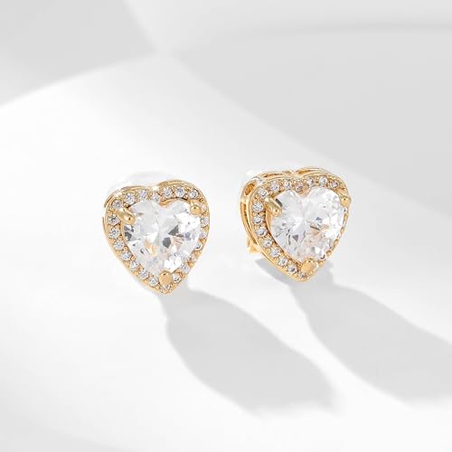 Clip On Earrings for Women Halo Clip-on Non-pierced Earrings Gold Plated Small CZ Studs Dainty Jewelry - color: Heart