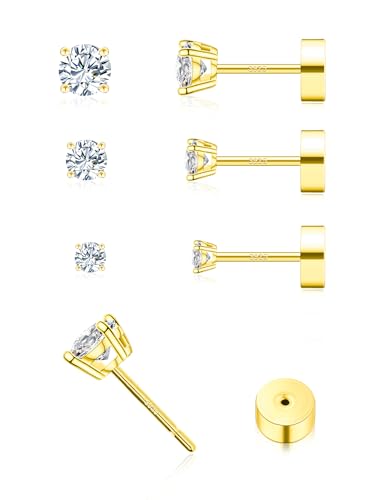 3 Pairs Moissanite Flatback Stud Earrings for Women, 925 Sterling Silver Hypoallergenic Flat Back Cartilage Earrings Set, 18K White Gold Plated - color: 14K Gold, size: 2,3,4mm