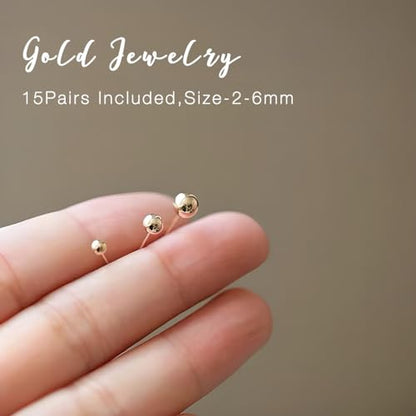 15 Pairs Surgical Steel Ball Stud Earrings Set | Fadeless, PVD Plating, Stainless Steel, Fadeless, Waterproof, High Polish, Hypoallergenic - color: Gold 15Pairs (2-6mm )