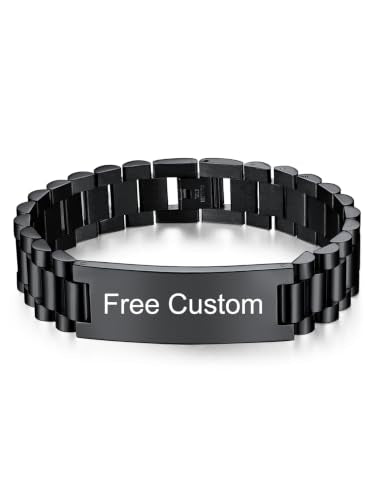 ChainsHouse Men Stainless Steel Bracelet Adjustable Custom ID Engraved Gift | Personalized Silver/Gold/Black for Birthday Father Husband Boyfriend with Gift Box Adjustable Tool 10mm/15mm/15.5mm 8.3"/8.7" - color: R.15mm Width-Black-Text Custom