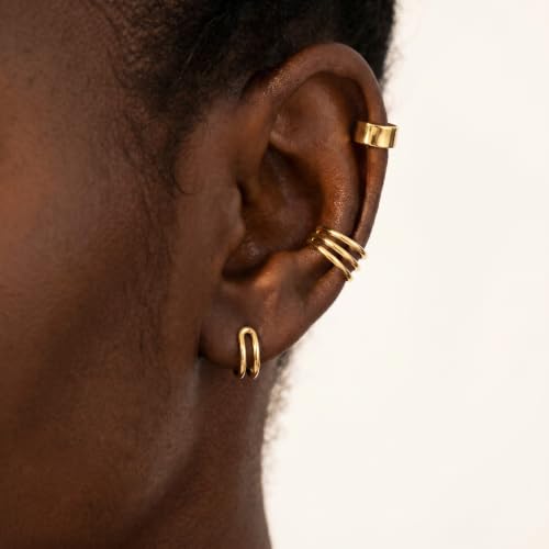 SLUYNZ Solid 925 Sterling Silver Ear Cuff Earrings for Women No Piercing Cartilage Earrings Tri Earrings, Helix Cuff Earrings for Men - color: B-18K Gold Plated