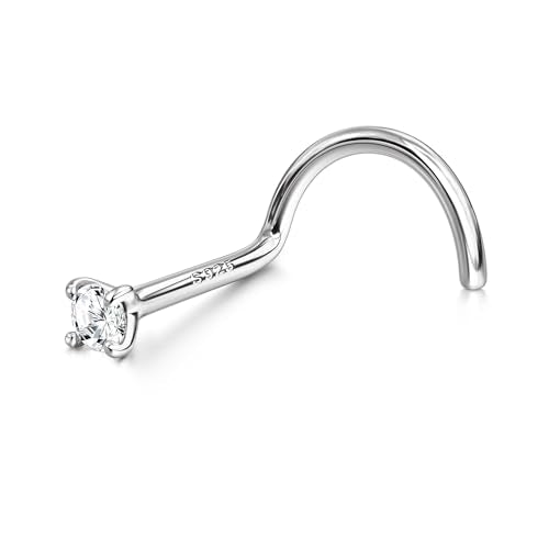 MILACOLATO 925 Sterling Silver Nose Studs, 18G 20G Corkscrew Nose Ring, Simulated Diamond CZ Hypoallergenic Nose Piercings for Women Men 1.5 2 3MM