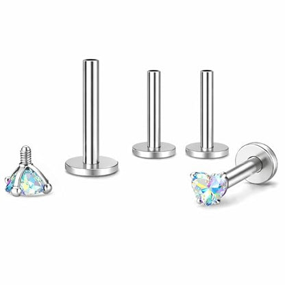 Titanium Heart CZ Labret Stud Earrings for Piercings by Ginger Lyne 6Pc Set G23 Screw Front Flat Back Body Jewelry 2 pair post 6mm, 8mm Cartilage, Helix, Tragus, Lip, Conch, Lobe - color: 3mm-AuroraBorealis