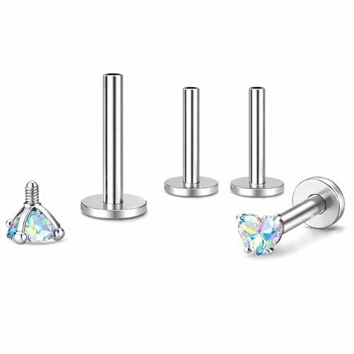 Titanium Heart CZ Labret Stud Earrings for Piercings by Ginger Lyne 6Pc Set G23 Screw Front Flat Back Body Jewelry 2 pair post 6mm, 8mm Cartilage, Helix, Tragus, Lip, Conch, Lobe - color: 3mm-AuroraBorealis