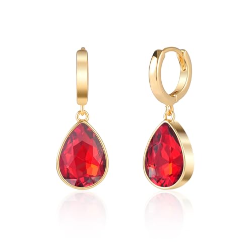 Crystals Teardrop Dangle Drop Earrings, 18K Gold Plated Hoop Earrings Zirconia Jewelry for Women Gifts - color: Red