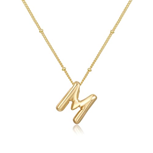 Gold Bubble Initial Necklace for Women Balloon Letter Necklace 18K Gold Plated Dainty Alphabet Pendant Puffy Name Personal Necklace - color: M