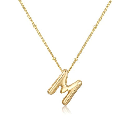 Gold Bubble Initial Necklace for Women Balloon Letter Necklace 18K Gold Plated Dainty Alphabet Pendant Puffy Name Personal Necklace - color: M