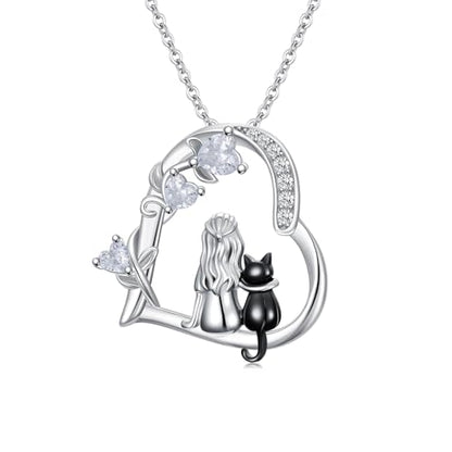 Heart Animal Necklace 925 Sterling Silver Cute Animal Pendant Jewelry Birthday Gifts for Women Girlfriend Mom Animal Lovers - style: 1-3 Black Cat