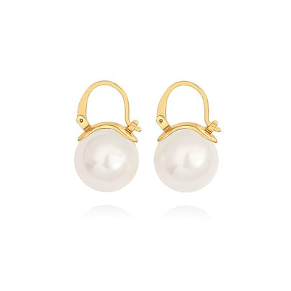 925 Sterling Silver Hoop Handpicked AAA+ Quality 7.5-8mm White Freshwater Cultured Pearl Dangle Drop Earrings Jewelry for Women - color: 10. Gold Plated Handle