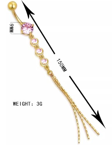 JAJAFOOK Surgical Steel Cubic Zirconia Long Dangle Navel Ring Sexy Body Piercing Belly Button - color: Pink