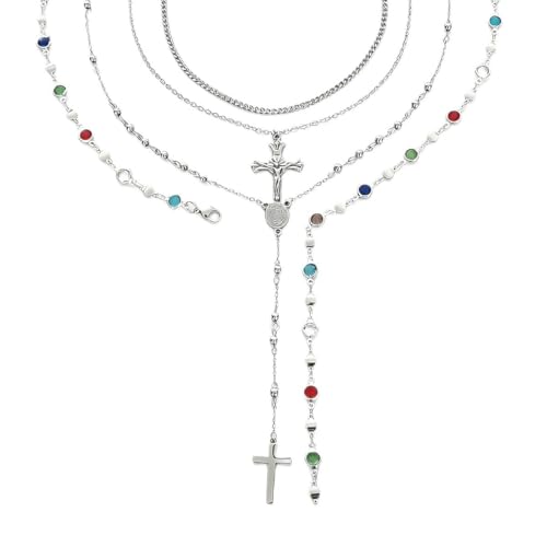 Silvery Layered Necklace for Women, Y Necklace with Cross Pendant, Dainty Stackable Jewelry Gift for Everyday Wear - style: 4PCS - Stainless Steel - Cuban Chain&Cross&Cross Y Chain&Colorful Chain