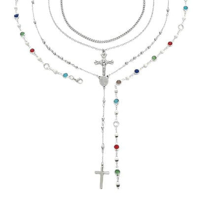 Silvery Layered Necklace for Women, Y Necklace with Cross Pendant, Dainty Stackable Jewelry Gift for Everyday Wear - style: 4PCS - Stainless Steel - Cuban Chain&Cross&Cross Y Chain&Colorful Chain